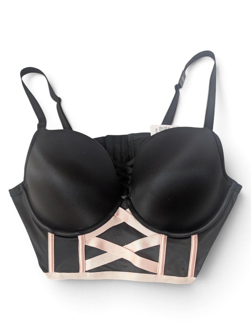 NWT Torrid XO Plunge Push Up Shine Longline Straight Back Bra 38DD Rich Black